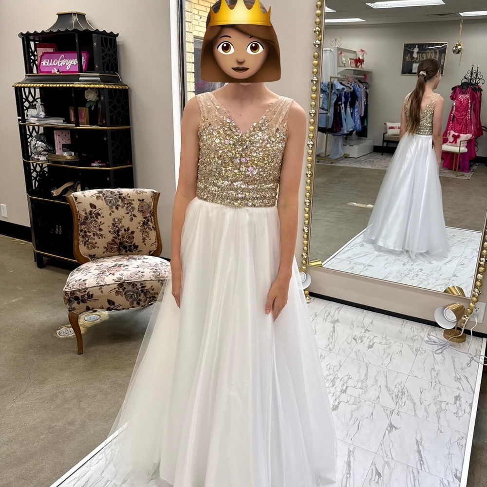 Jovani Gold and White Evening Gown